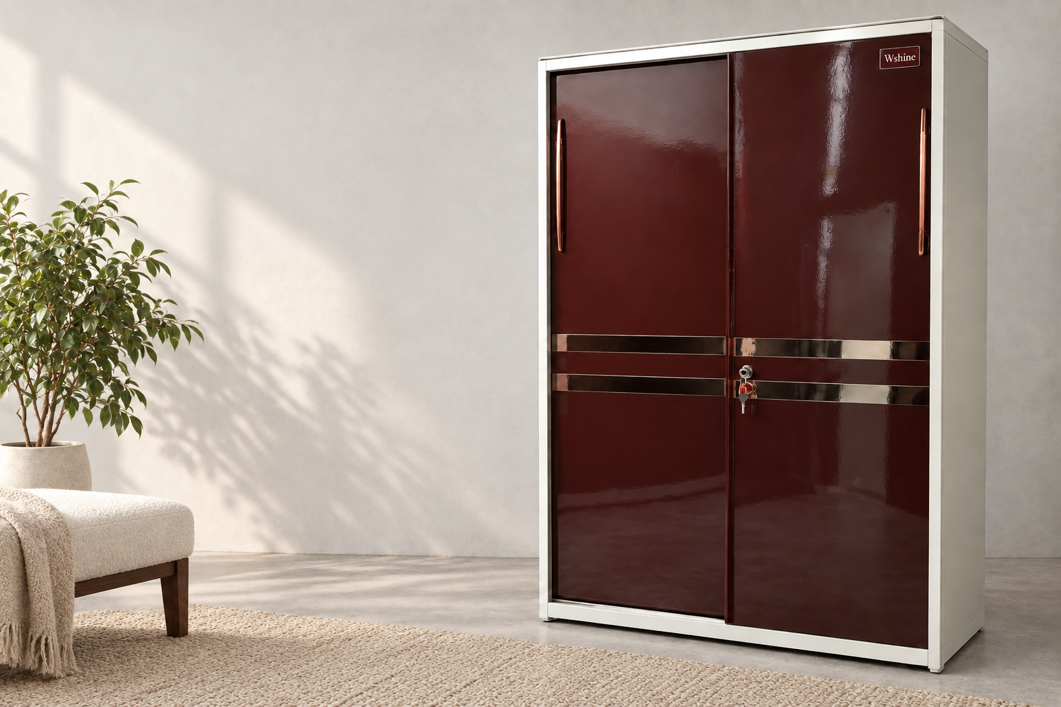 Dark maroon sliding steel almirah with a Wshine badge, styled with a plant, cream bench and rug